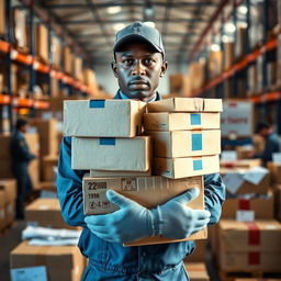 A focused individual embracing a stack of shipping boxes tightly, showcasing a variety of sizes