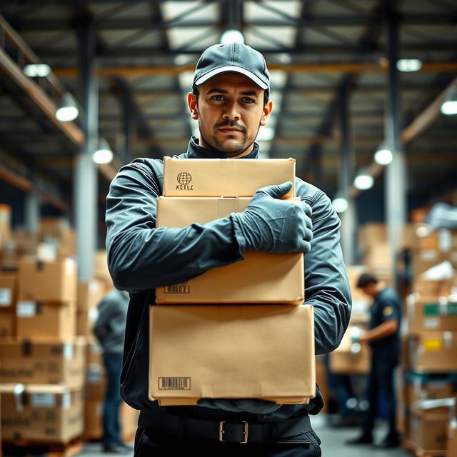 A focused individual embracing a stack of shipping boxes tightly, showcasing a variety of sizes