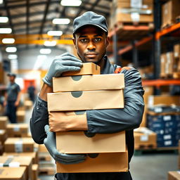 A focused individual embracing a stack of shipping boxes tightly, showcasing a variety of sizes