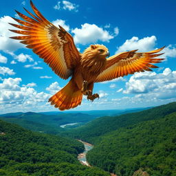 A majestic bird with the body of an eagle and the head of a lion, soaring high above lush green landscapes