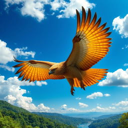 A majestic bird with the body of an eagle and the head of a lion, soaring high above lush green landscapes