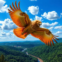 A majestic bird with the body of an eagle and the head of a lion, soaring high above lush green landscapes