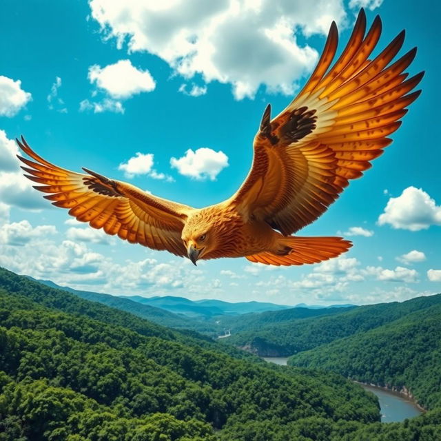 A majestic bird with the body of an eagle and the head of a lion, soaring high above lush green landscapes