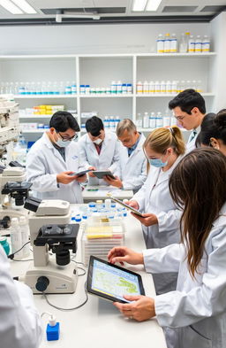 A scientific research scene in a modern laboratory showcasing the process of isolating and identifying pesticide degrading bacteria