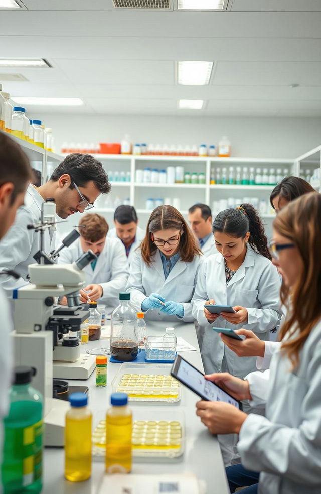 A scientific research scene in a modern laboratory showcasing the process of isolating and identifying pesticide degrading bacteria