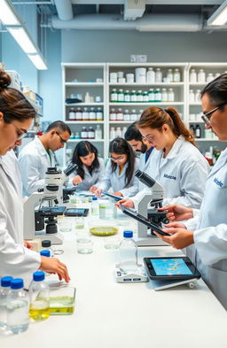 A scientific research scene in a modern laboratory showcasing the process of isolating and identifying pesticide degrading bacteria