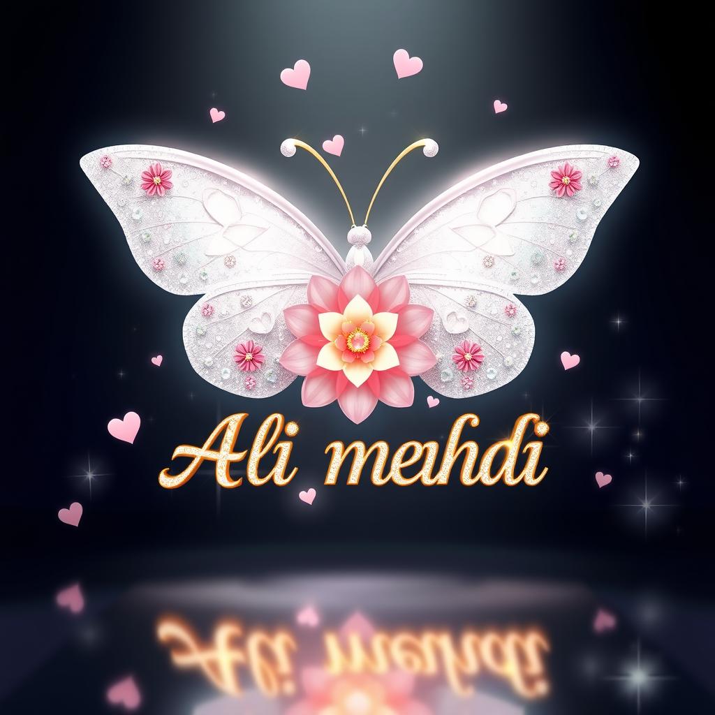 A luxurious and elegant digital illustration featuring a large, majestic white butterfly with symmetrical, glittering, sparkling wings