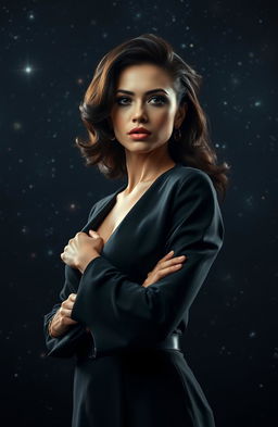 A striking image of a high-value woman with a confident demeanor, showcasing her ego and strength as she stands alone in a vast, dark space background filled with distant stars and galaxies
