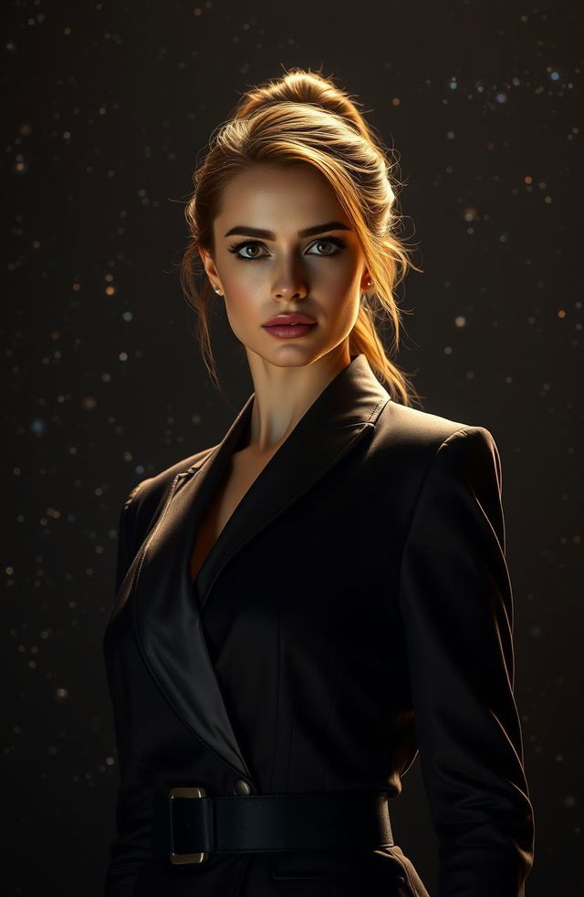 A striking image of a high-value woman with a confident demeanor, showcasing her ego and strength as she stands alone in a vast, dark space background filled with distant stars and galaxies