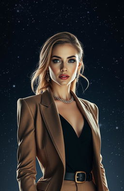 A striking image of a high-value woman with a confident demeanor, showcasing her ego and strength as she stands alone in a vast, dark space background filled with distant stars and galaxies
