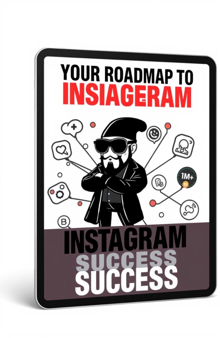 An ebook cover titled 'YOUR ROADMAP TO INSTAGRAM SUCCESS' in bold, black Agrandir Grand font prominently displayed on an iPad