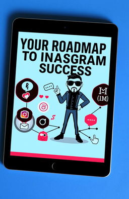 An ebook cover titled 'YOUR ROADMAP TO INSTAGRAM SUCCESS' in bold, black Agrandir Grand font prominently displayed on an iPad