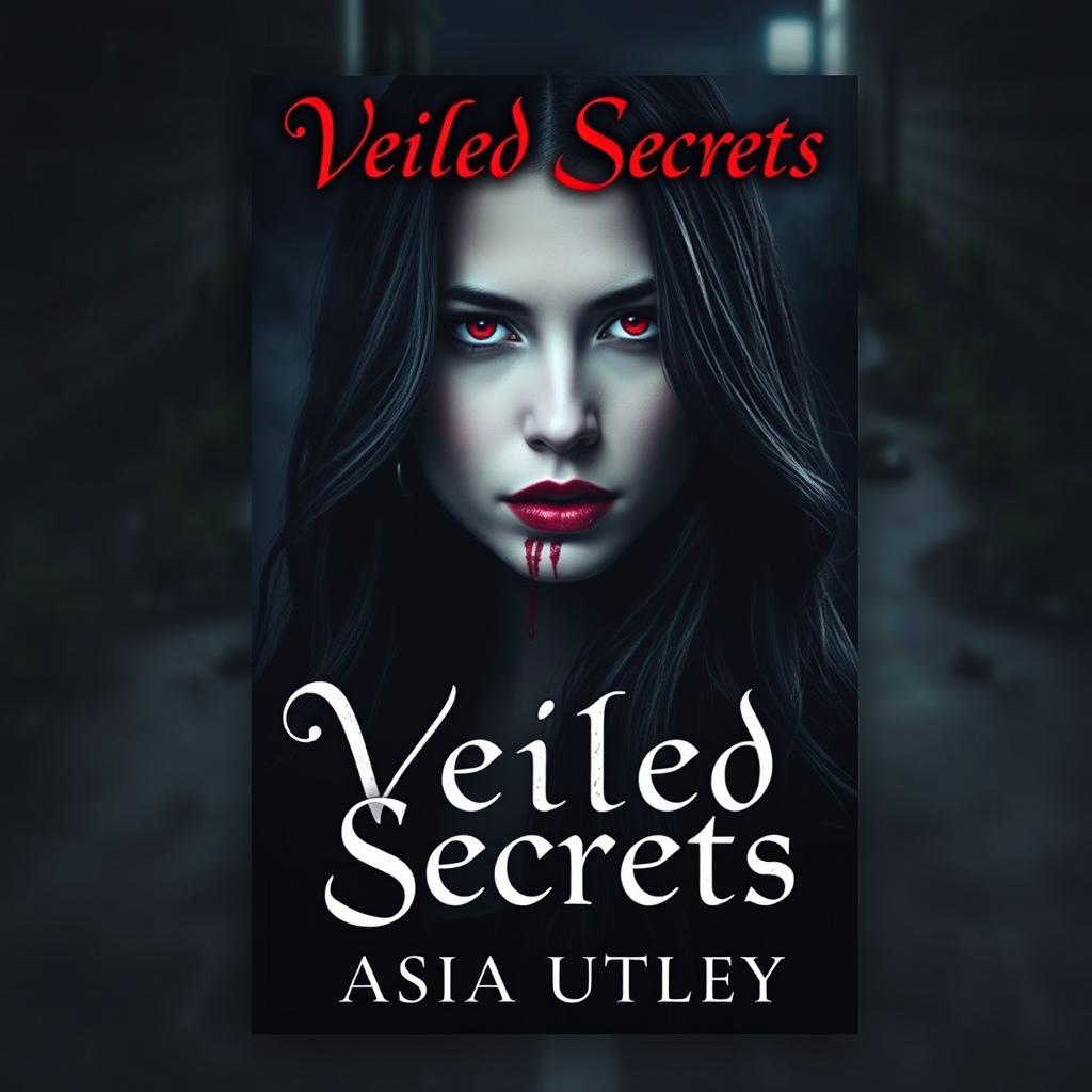 A dark, moody book cover set in a shadowy alley, featuring a high-value woman with striking red eyes and long, flowing black hair, exuding an air of mystery