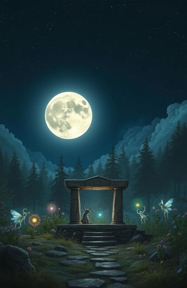 A fantastical scene depicting the untold story of the moon, showcasing a mystical landscape with a luminous full moon casting a silvery glow over an enchanted forest