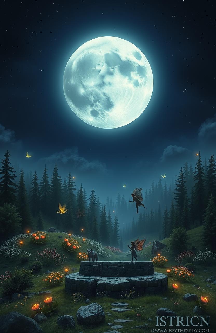 A fantastical scene depicting the untold story of the moon, showcasing a mystical landscape with a luminous full moon casting a silvery glow over an enchanted forest