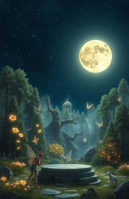 A fantastical scene depicting the untold story of the moon, showcasing a mystical landscape with a luminous full moon casting a silvery glow over an enchanted forest
