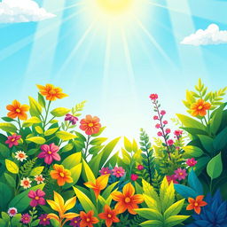 A vibrant and colorful cartoon illustration of sunlight streaming down onto a variety of lush green plants, showcasing their vibrant leaves and flowers