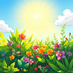 A vibrant and colorful cartoon illustration of sunlight streaming down onto a variety of lush green plants, showcasing their vibrant leaves and flowers