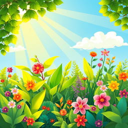 A vibrant and colorful cartoon illustration of sunlight streaming down onto a variety of lush green plants, showcasing their vibrant leaves and flowers