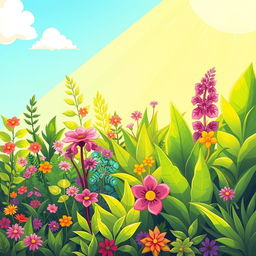 A vibrant and colorful cartoon illustration of sunlight streaming down onto a variety of lush green plants, showcasing their vibrant leaves and flowers