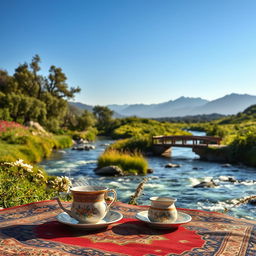 A serene Persian landscape featuring a flowing river surrounded by lush green hills, ancient trees, and blooming wildflowers