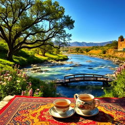 A serene Persian landscape featuring a flowing river surrounded by lush green hills, ancient trees, and blooming wildflowers