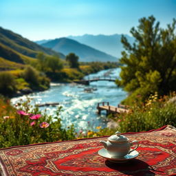 A serene Persian landscape featuring a flowing river surrounded by lush green hills, ancient trees, and blooming wildflowers