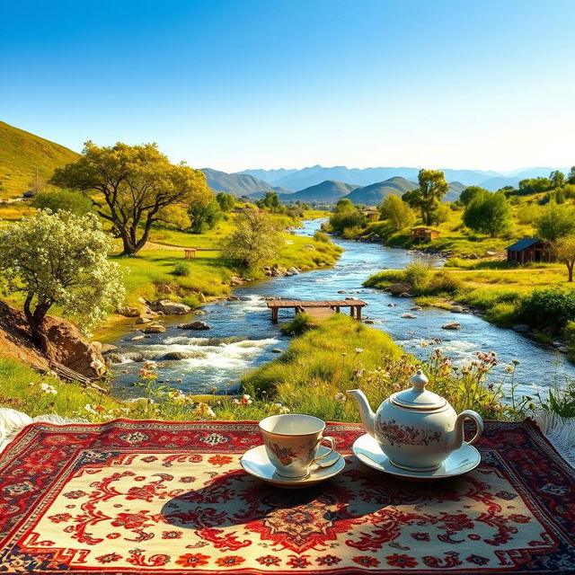 A serene Persian landscape featuring a flowing river surrounded by lush green hills, ancient trees, and blooming wildflowers