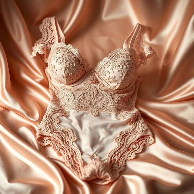 A beautifully designed lingerie set displayed elegantly on a silk background, featuring intricate lace details, soft pastel colors, and delicate embellishments