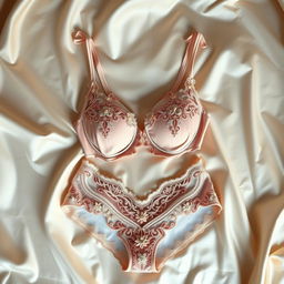 A beautifully designed lingerie set displayed elegantly on a silk background, featuring intricate lace details, soft pastel colors, and delicate embellishments