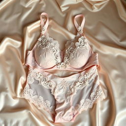 A beautifully designed lingerie set displayed elegantly on a silk background, featuring intricate lace details, soft pastel colors, and delicate embellishments