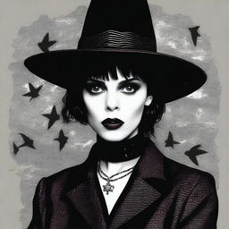 This is a high-quality digital art image that depicts a woman bearing a remarkable resemblance to actress Fairuza Balk, as seen in the 1990s