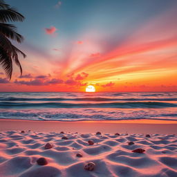 A beautifully edited image featuring a vibrant sunset over a serene beach, with the sun dipping below the horizon casting warm hues of orange, pink, and purple in the sky