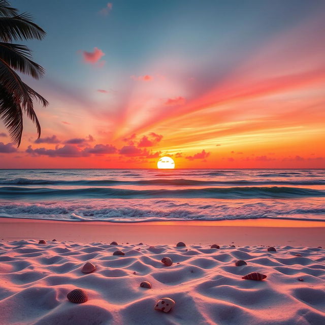 A beautifully edited image featuring a vibrant sunset over a serene beach, with the sun dipping below the horizon casting warm hues of orange, pink, and purple in the sky