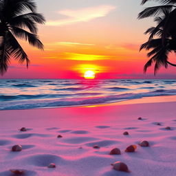 A beautifully edited image featuring a vibrant sunset over a serene beach, with the sun dipping below the horizon casting warm hues of orange, pink, and purple in the sky