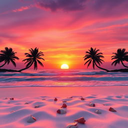 A beautifully edited image featuring a vibrant sunset over a serene beach, with the sun dipping below the horizon casting warm hues of orange, pink, and purple in the sky
