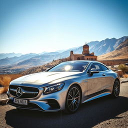 A luxurious Iranian Mercedes car parked in a scenic location, featuring intricate Persian designs etched on the body, surrounded by stunning natural landscapes of Iran, including the Alborz mountains in the background and a clear blue sky