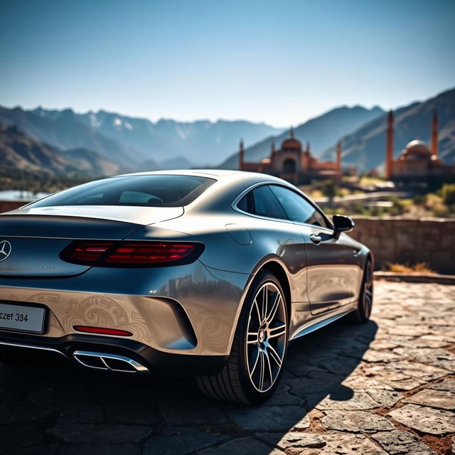 A luxurious Iranian Mercedes car parked in a scenic location, featuring intricate Persian designs etched on the body, surrounded by stunning natural landscapes of Iran, including the Alborz mountains in the background and a clear blue sky