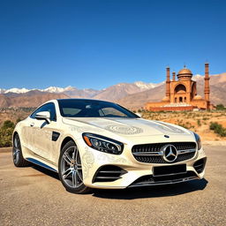 A luxurious Iranian Mercedes car parked in a scenic location, featuring intricate Persian designs etched on the body, surrounded by stunning natural landscapes of Iran, including the Alborz mountains in the background and a clear blue sky