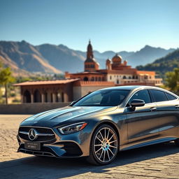 A luxurious Iranian Mercedes car parked in a scenic location, featuring intricate Persian designs etched on the body, surrounded by stunning natural landscapes of Iran, including the Alborz mountains in the background and a clear blue sky