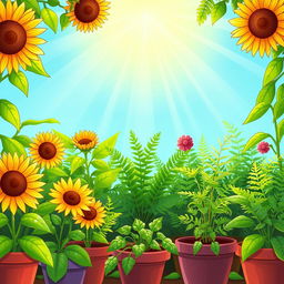 A vibrant cartoon illustration depicting sunlight pouring down on a variety of lush green plants in a vibrant garden setting