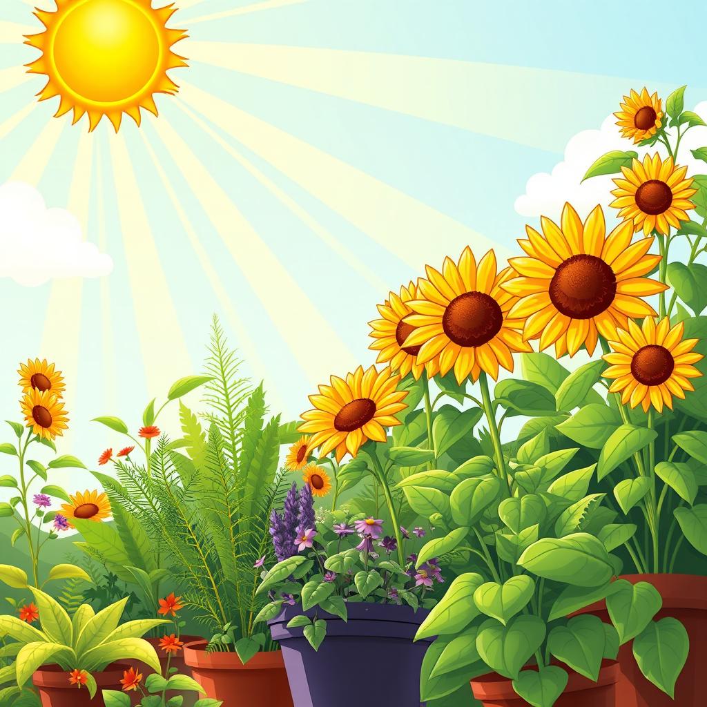 A vibrant cartoon illustration depicting sunlight pouring down on a variety of lush green plants in a vibrant garden setting