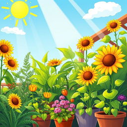 A vibrant cartoon illustration depicting sunlight pouring down on a variety of lush green plants in a vibrant garden setting