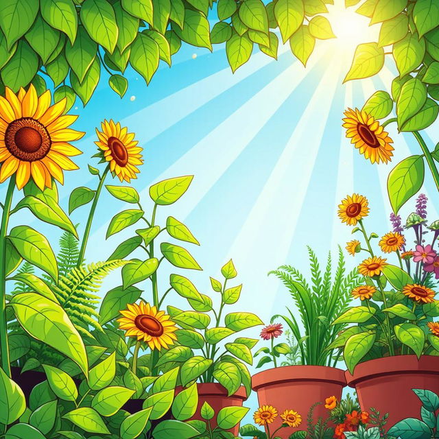 A vibrant cartoon illustration depicting sunlight pouring down on a variety of lush green plants in a vibrant garden setting