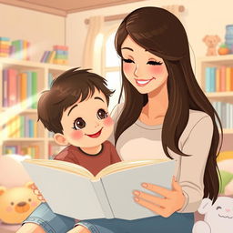 A warm and cozy scene of a woman reading a storybook to a three to five-year-old child