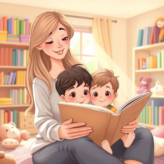 A warm and cozy scene of a woman reading a storybook to a three to five-year-old child