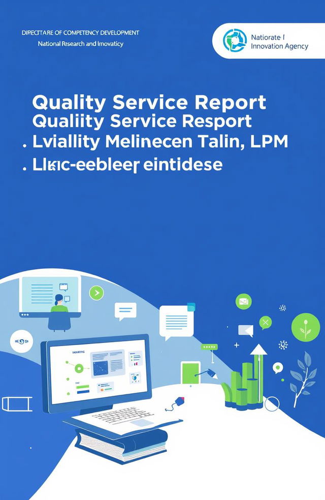 A comprehensive and visually appealing report cover design for a Quality Service Report on Learning Management System (LMS) and Independent Training (PM) by the Directorate of Competency Development, National Research and Innovation Agency