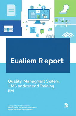 A comprehensive and visually appealing report cover design for a Quality Service Report on Learning Management System (LMS) and Independent Training (PM) by the Directorate of Competency Development, National Research and Innovation Agency