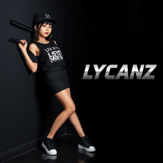 A high-resolution, full HD image of a Japanese woman wearing modern kid hip-hop dance clothes, featuring black shoes and a black baseball cap