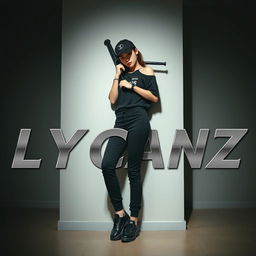 A high-resolution, full HD image of a Japanese woman wearing modern kid hip-hop dance clothes, featuring black shoes and a black baseball cap